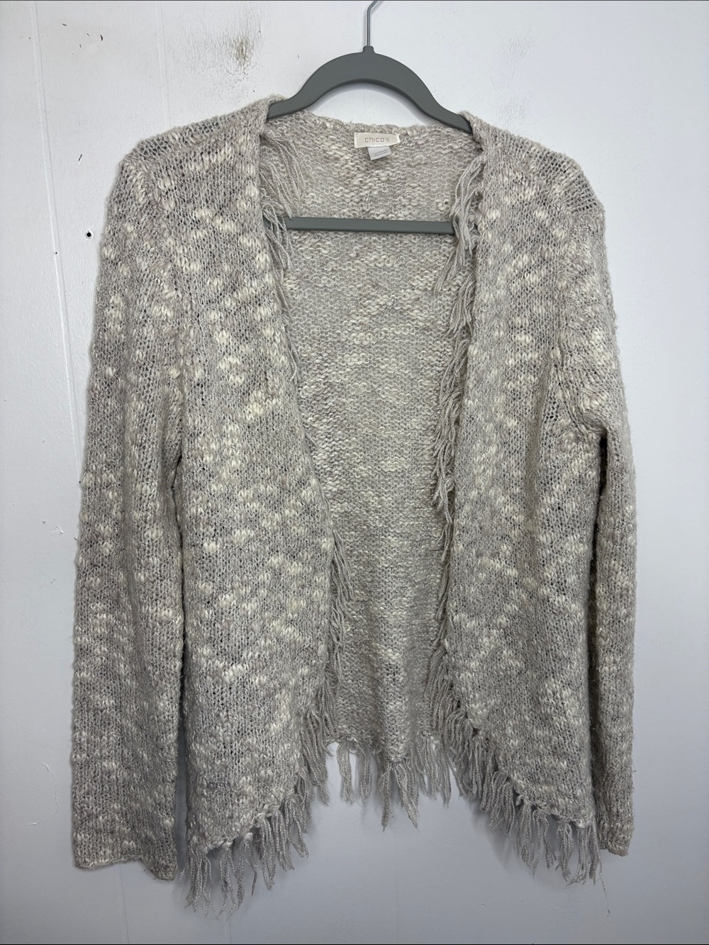Chicos Sweater Womens 1 M Boucle Loose Open Knit Wool Blend Fringe Transition